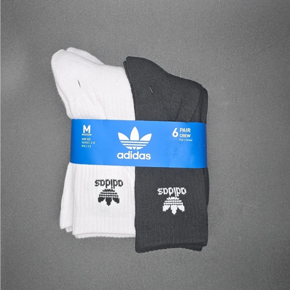 Size M Adidas Originals Trefoil Cushioned Crew Socks 6-Pack White/ Black